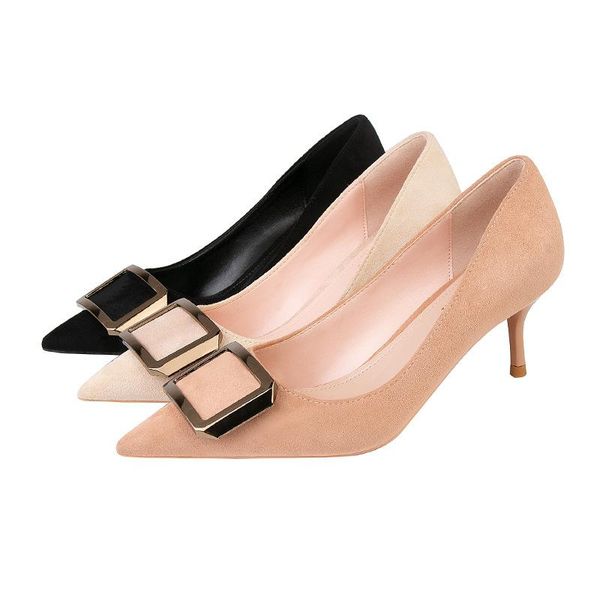 

dress shoes fashion thin high heels pointed toe metal square buckle for wedding women, Black