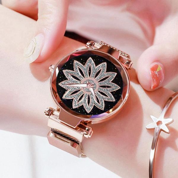 

wristwatches 2021 fashion crystal flower women watches magnet buckle rose gold wrist watch casual dress zegarek damski, Slivery;brown