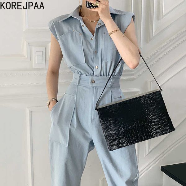 

korejpaa women jumpsuits summer french lapel multi-pocket design single-breasted high-waist straight-leg tooling jumpsuit 210526, Black;white