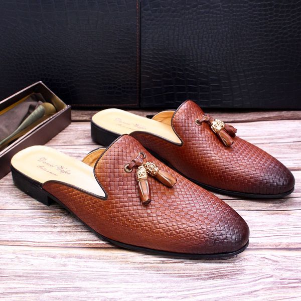 

dress shoes luxury brand half for men genuine leather brown blue flat mules black casual mens fashion mocassin homme chaussure 98h
