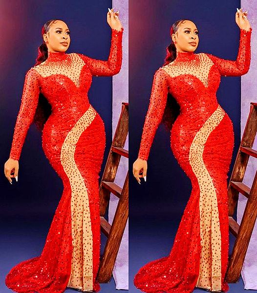 

2021 plus size arabic aso ebi red luxurious sparkly prom dresses beaded sequined mermaid evening formal party second reception gowns dress z, Black