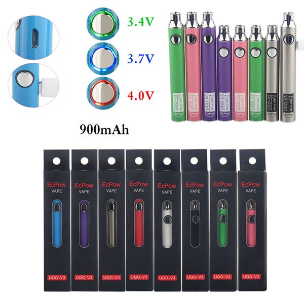 Authentische UGO V III Vorheiz-Vape-Kartuschen-Batterie, 900 mAh, 510 Gewinde, Vapes Pens, EVOD EGO Battries, einstellbare Spannung 2,6–4,0 V, mit USB-Ladegerät, Einzelhandelsverpackung