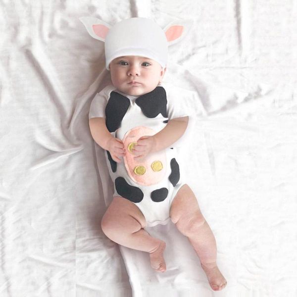 

clothing sets 0-24months born baby rompers short sleeve girls 2021 dairy cow print boys jumpsuits +hat set, White