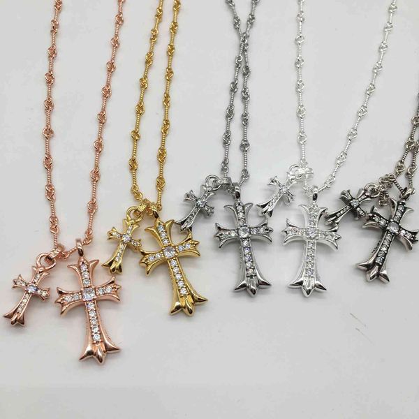 

necklace croix diamond inlaid double cross gold full couple bamboo chain, Silver