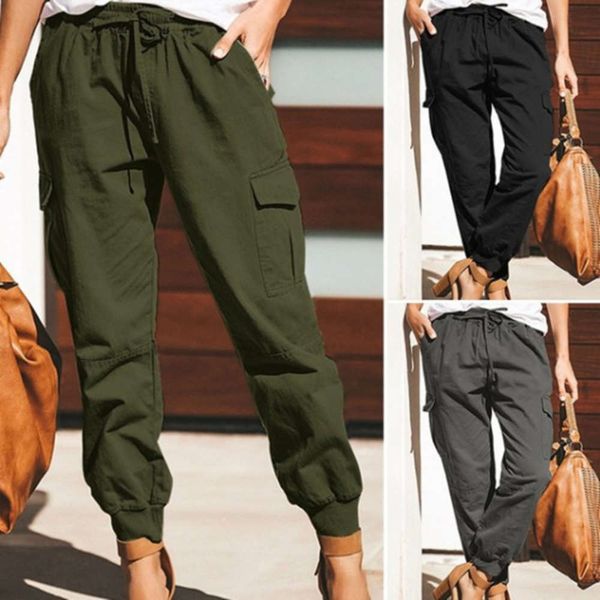 

2021 women's wear solid color casual fashion pocket tooling pants, Black;white