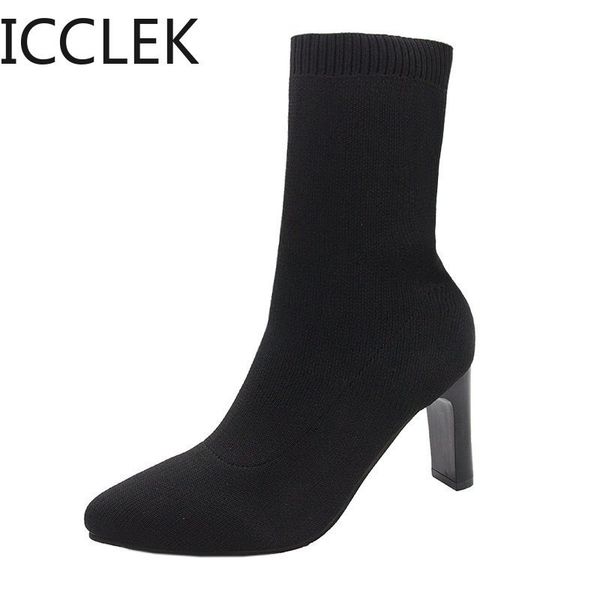 

socks boots women stretch fabric elastic stilettos heel pointed toe ankle boots shoes woman boats big size 43 210428, Black