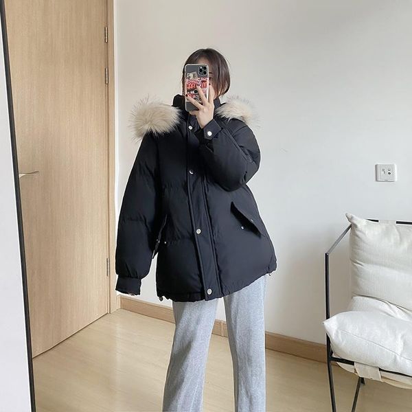 

women's down & parkas hooded winter jacket women cotton coat fur collar jackets for 2021 female short warm clothes casacos hly171, Black