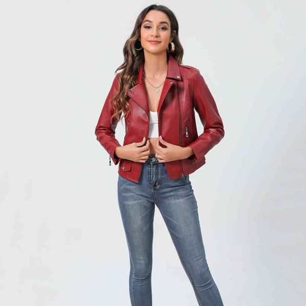 

leather jacket high fashion men belt lapel slim motorcycle fashion, Black