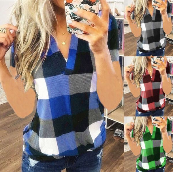 

t-shirt women's spring and autumn shirt plaid printed v-neck short sleeve utzq, White
