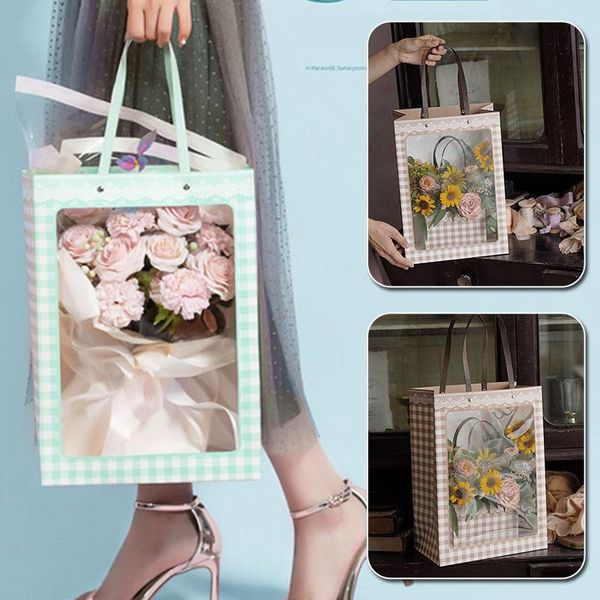 

portable flower gift paper boxes clear window transparant square shape packing wholesal wrap