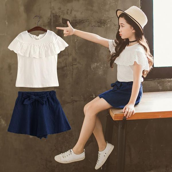 

3-14t girls clothes summer 2021 outfits kids baby solid lace ruffles tee bow shorts jeans children clothing sets, White