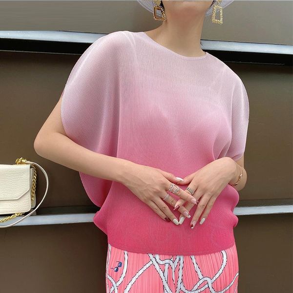 

women's two piece pants 2021 summer short-sleeved printed gradient t-shirt miyak fold fashion casual irregular + wide-leg, White