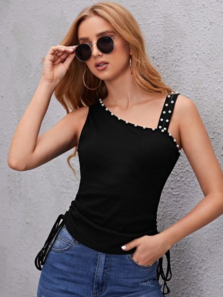 

pearls beaded asymmetrical neck drawstring side y4t7#, White