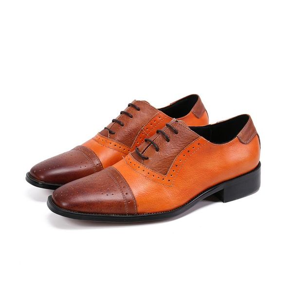 

dress shoes orange men brogue lace up mixed colors wedding genuine leather italian shoe brand quality business arrival, Black