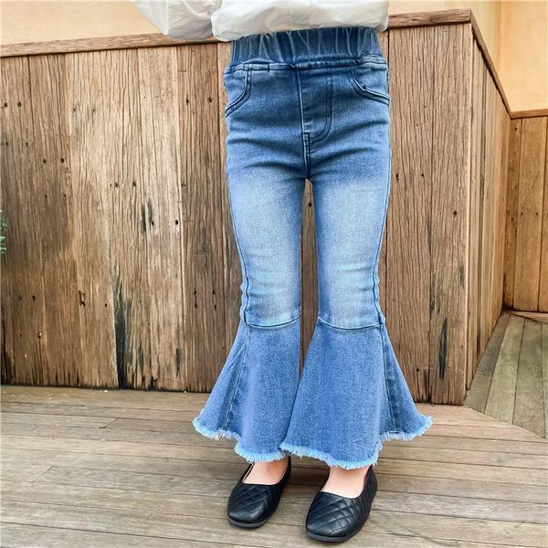 

jeans spring autumn girls flare baby denim pants kids trousers children fashion big ruffle washed cotton 1 to 6 yrs, Blue