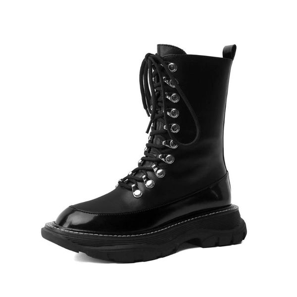 

boots lmyom brand women's shoes genuine leather ankle first layer platform front lace-up mid-heel size34-40, Black