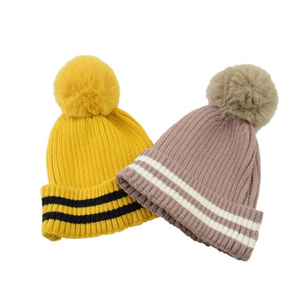 Boinas 2021 Baby Stripe Ball Top Hat Warm Kitty Kids menino menino Autumn Winter Bonnet Protecção de ouvido Crianças Caps UNISSISEX