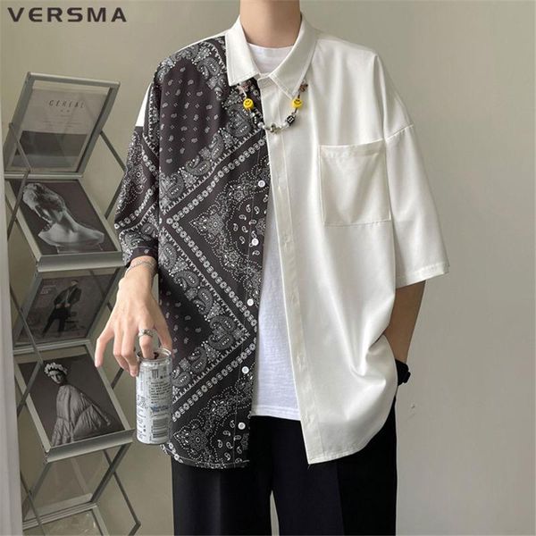 

men's casual shirts versma korean chic short sleeve vintage shirt men summer stitch oversized streetwear male 5xl drop, White;black