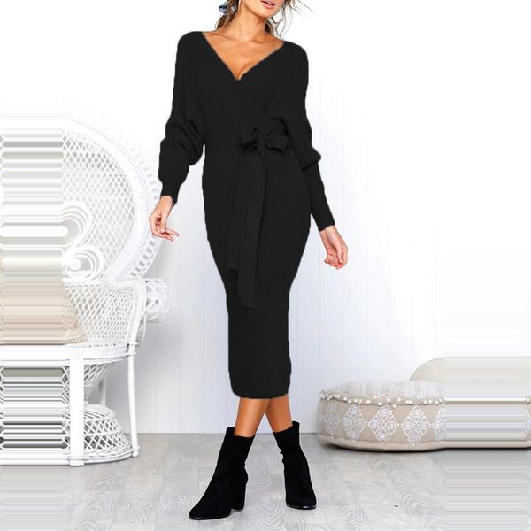 

casual dresses 2021 autumn winter women dress knitted sweater wrap belted vestidos long sleeve solid v neck women's, Black;gray