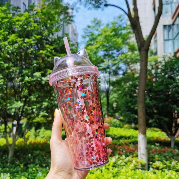 

mugs drinking cup cute creative cat ear shape glitter star plastic straw water bottle personality po student girl gift