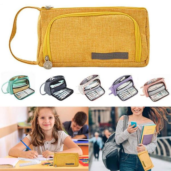

portable multifunctional large capacity cotton linen holder pen storage bag pouch school stationery make-up tool pencil bags