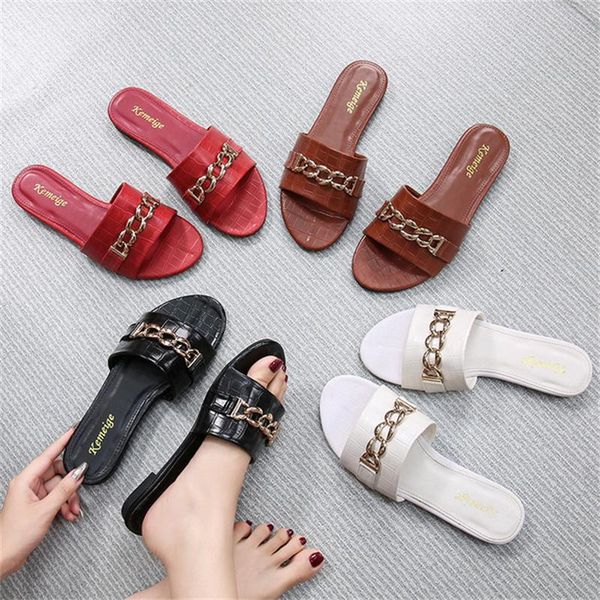 

slippers women's shoes 2021 summer flip flops korean style outer wear fashion square toe metal buckle flat, Black