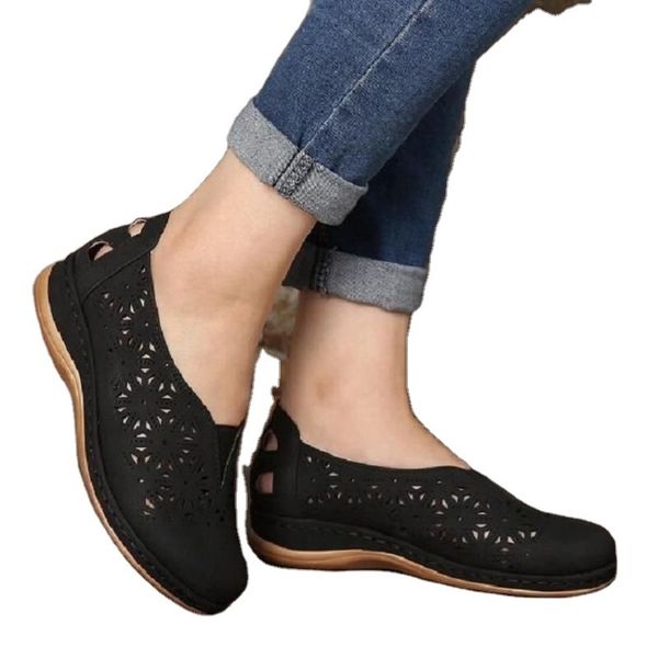 

women sandals moccosins hollow out retro non-slip woman wedges shoes summer famale sandalias vintage casual sewing shoes, Black