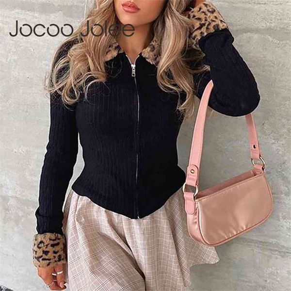 

zipper cardigans fashion leopard print slim sweater black jackets turndown collar long sleeve knitted 210416, White;black