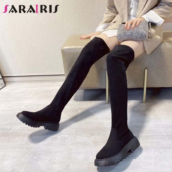 

boots sarairis solid non-slip knee high women thick bottom chunky heel fashion autumn winter ladies shoes, Black