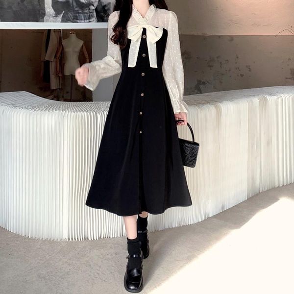 

casual dresses plus size french vintage for women 2021 lace patchwork bow a-line mid-calf party elegant ladies autumn clothing, Black;gray