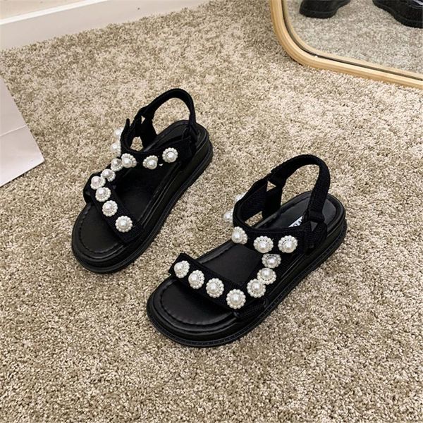 

sandals summer shoes for women 2021 platform causal sweet pearl sports beach slides open toe luxury shoe ladies, Black