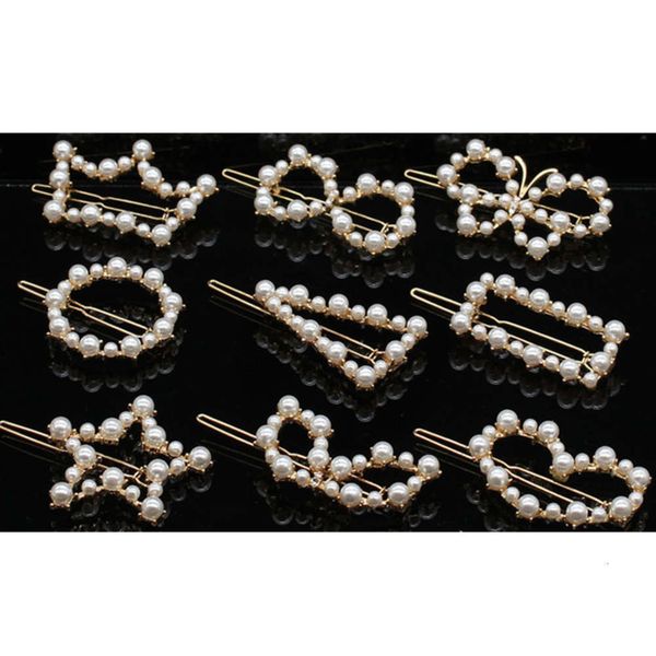 

hairpin metal hairpin headdress temperament women's geometric frog clasp pearl edge clip, Golden;silver
