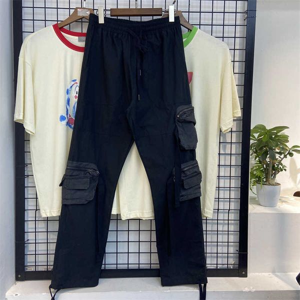 

men's pants ins tooling pocket worn small foot men's fashion slim fit elastic tactical clothes multi-functional casual pants stitc, Black