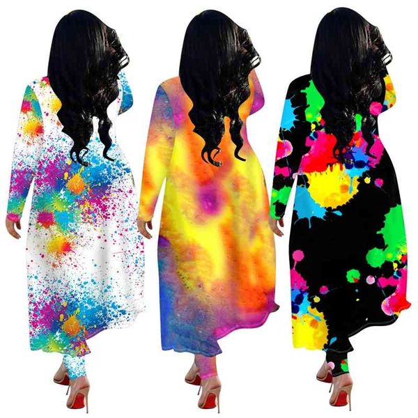 

autumn women colorful graffiti printed two piece sets clubwear lady's high waist leggings v-neck full sleeve long coats set, White