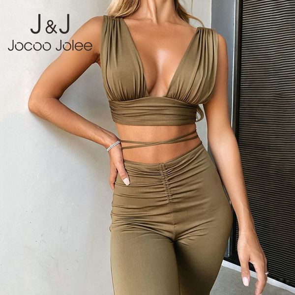 

jocoo jolee women summer deep v neck halter crop solid casual party club suit high-waist two piece set pants 210518, White