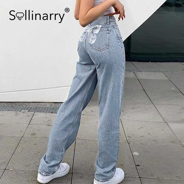 

sollinarry high waist denim women's trousers spring fashion straight-leg pants high street style all-match jeans 210709, Blue