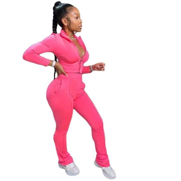 

women's tracksuits fitness solid two piece set women lounge wear zipper crop + pockest pants bodycon tracksuit outfits jogging femm, Gray