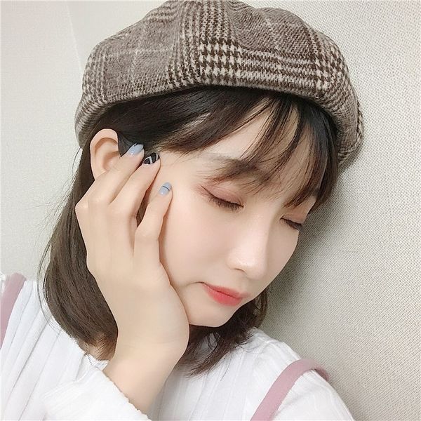 

hanfeng chic autumn and winter new british plaid beret art octagonal student versatile painter hat, Blue;gray