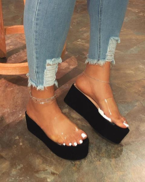 

fashion high heels platform women beach sandals ladies banquet rubber heel transparent slippers 2021, Black