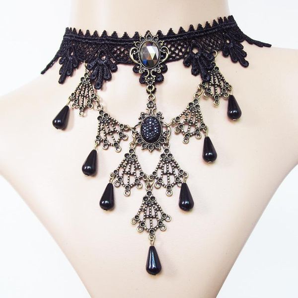 

pendant necklaces clavicle neck necklace black lace pearl retro female long sweet banquet jewelry halloween layered, Silver