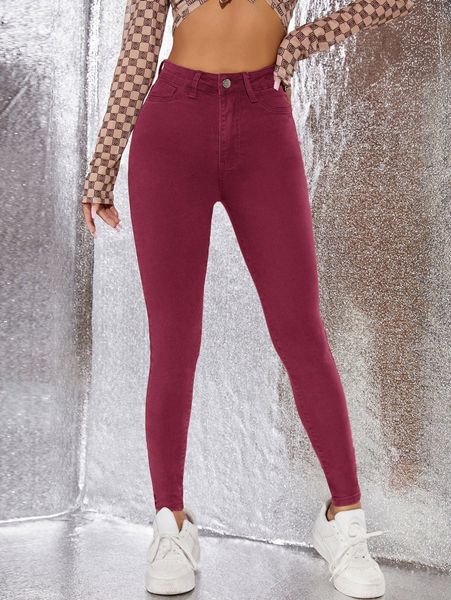 

high waisted solid zip up skinny jeans t0cy#, Blue