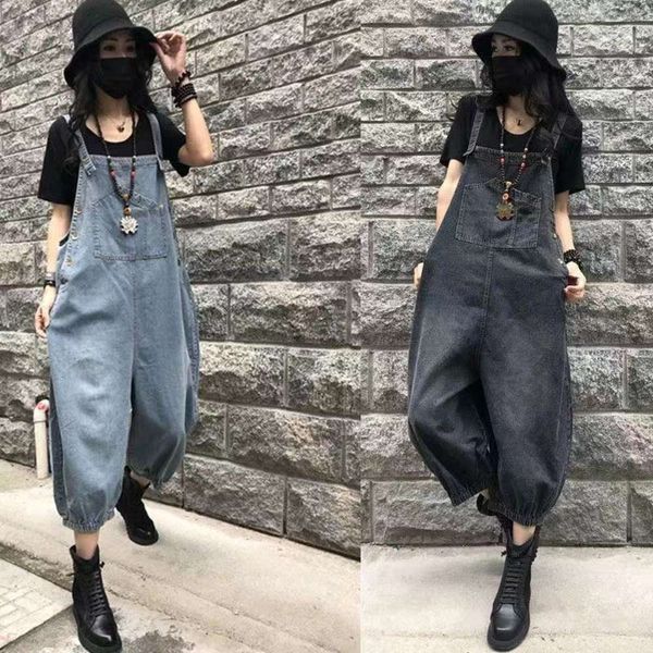 

casual denim suspenders women's spring loose large size concealing fashion one-piece pants, Blue