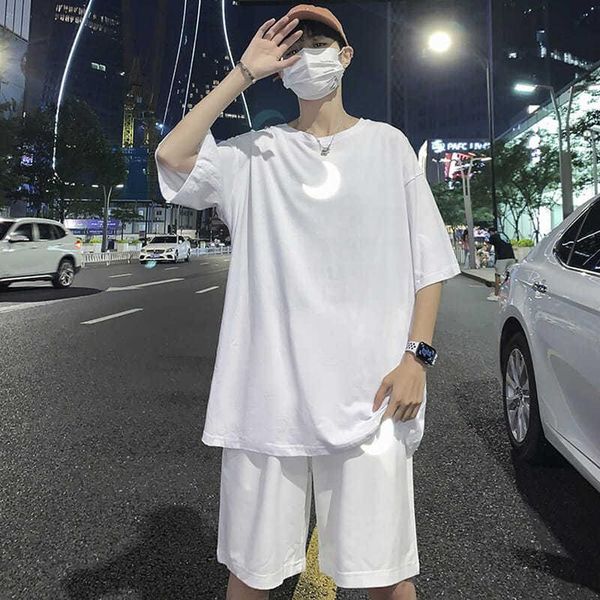

men's tracksuits sets summer reflective printed two-piece shorts t-shirt hip-hop hong kong-style casual sports suit oversize t-shirts, Gray
