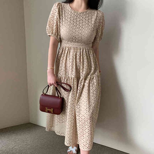 

casual dresses 2021 summer korean chic elegant temperament lace hollow out puff sleeve high waist long mid-calf short solid female, Black;gray