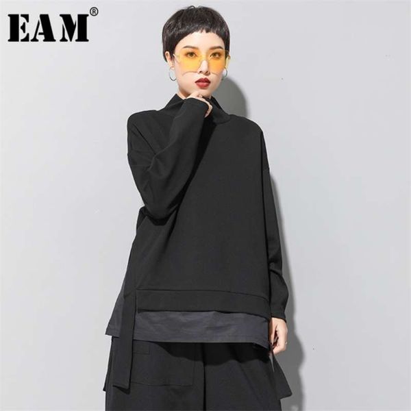 

[eam] loose fit asymmetrical oversized sweatshirt high collar long sleeve women big size fashion spring autumn 19a-a124 210928, Black