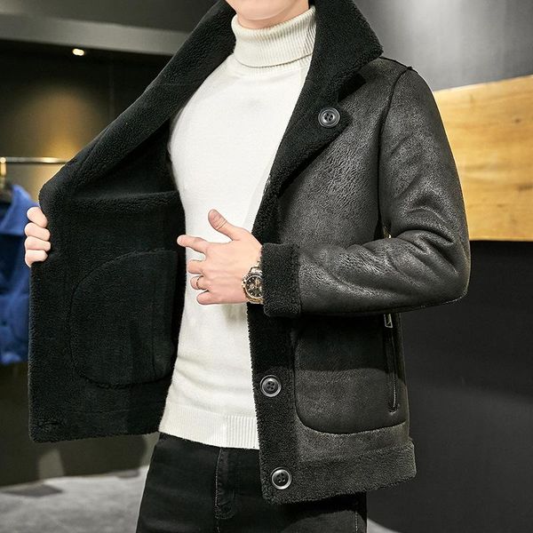 

men's jackets 2022 lamb fur cotton clothing integrated double-sided plus velvet thickened jacket, Black;brown
