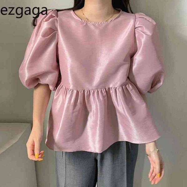 

ezgaga korean chic women blouse chic summer sweet loose short lantern sleeve solid elegant crop female all-match casual 210430, White