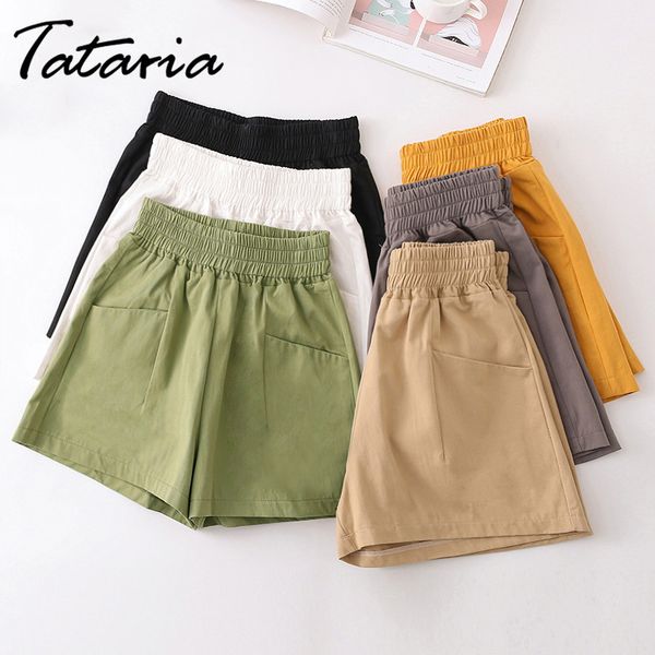 Mulheres algodão shorts largamente perna elástica cintura feminina khaki alta branco verão macio com bolsos harem calças 210514