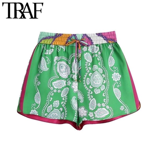 

traf women chic fashion patchwork printed shorts vintage high elastic waist with drawstring female short pants mujer 210724, White;black