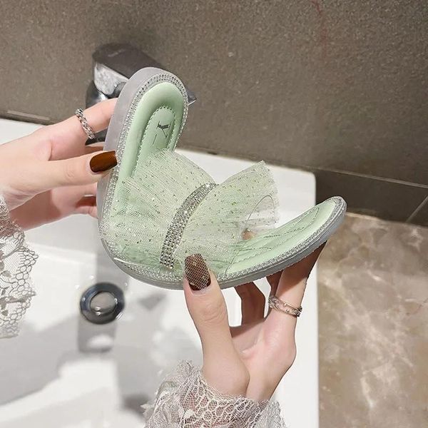

slippers luxury designer mesh ruffle rhinestone beaded flat for women fashion sweet slides beach home house summer shoes white, Black